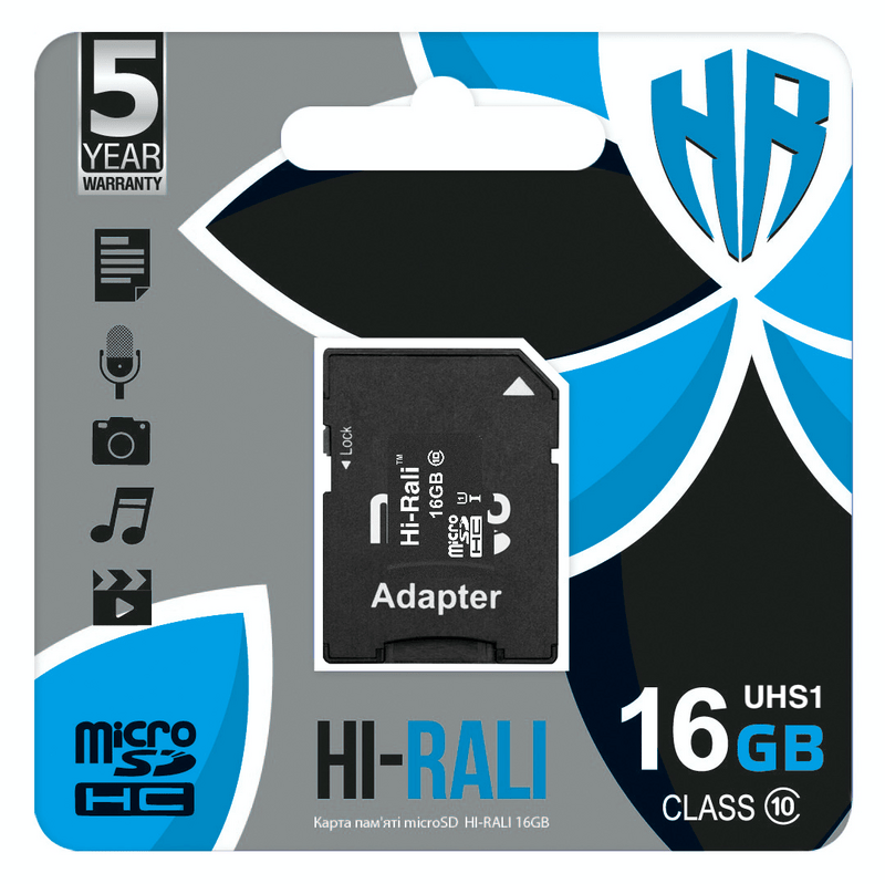 Карта памяти MicroSDHC  16GB UHS-I Class 10 Hi-Rali + SD-adapter (HI-16GBSD10U1-01)