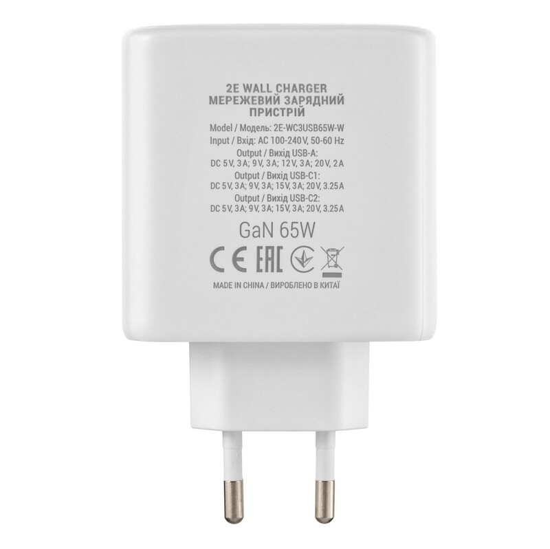 Мережевий зарядний пристрій 2E USB-C Wall Charger GaN 65W White (2E-WC3USB65W-W)