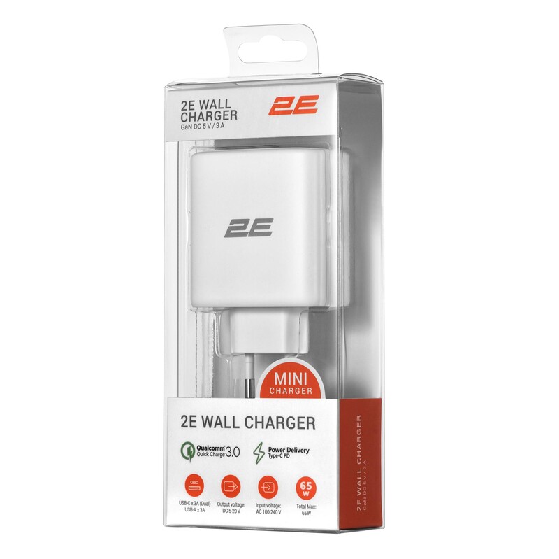 Мережевий зарядний пристрій 2E USB-C Wall Charger GaN 65W White (2E-WC3USB65W-W)
