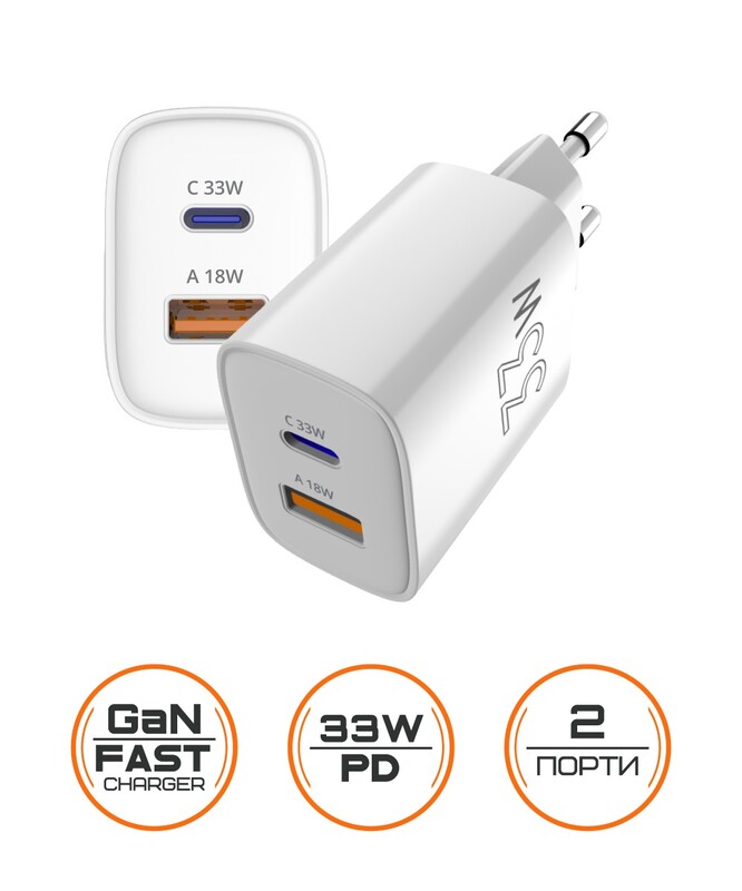 Сетевое зарядное устройство Sigma mobile X-power 33W GaN, PD, QC (1xUSB-C + 1xUSB-A) White (PS33-01)