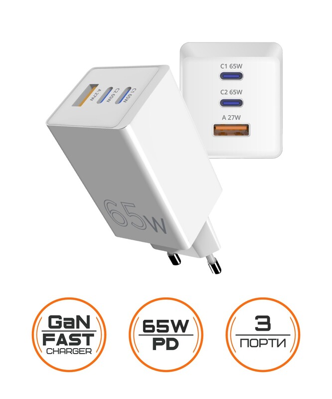 Мережевий зарядний пристрій Sigma mobile X-power 65W GaN, PD, QC (2xUSB-C + 1xUSB-A) White (PS65-01)