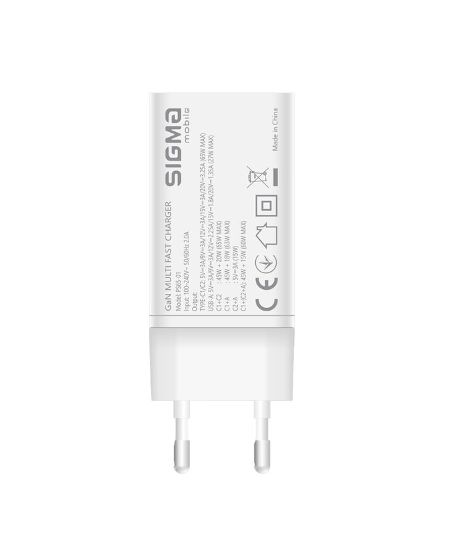 Мережевий зарядний пристрій Sigma mobile X-power 65W GaN, PD, QC (2xUSB-C + 1xUSB-A) White (PS65-01)