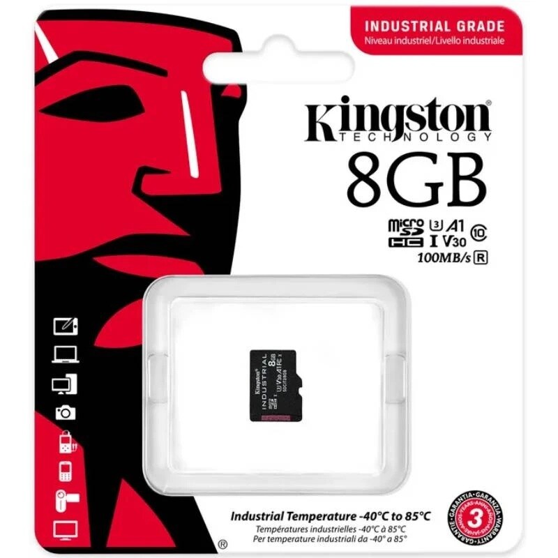 Карта памяти MicroSDHC 8GB UHS-I/U3 Class 10 Kingston Industrial (SDCIT2/8GBSP)