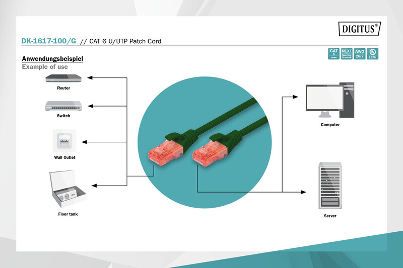 Патч-корд Digitus Cat.6 UTP, 10 м, AWG 26/7, Cu, LSZH, зелений (DK-1617-100/G)