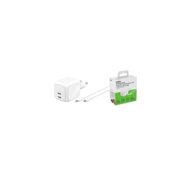 Мережевий зарядний пристрій Belkin BoostCharge Pro New Dual USB-C GaN Wall Charger 67W + USB-C 1м White (WCH020KQ2MWH-B6)