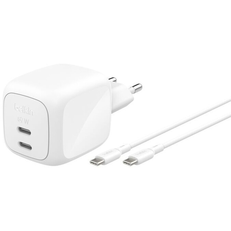 Мережевий зарядний пристрій Belkin BoostCharge Pro New Dual USB-C GaN Wall Charger 67W + USB-C 1м White (WCH020KQ2MWH-B6)