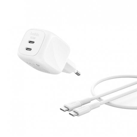 Мережевий зарядний пристрій Belkin BoostCharge Pro Dual USB-C GaN Wall Charger 50W + USB-C 1м White (WCH019KQ1MWH-B6)