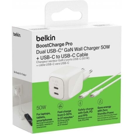 Мережевий зарядний пристрій Belkin BoostCharge Pro Dual USB-C GaN Wall Charger 50W + USB-C 1м White (WCH019KQ1MWH-B6)