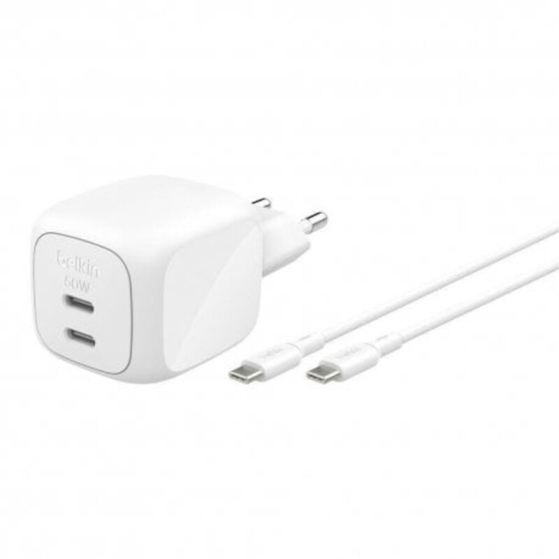 Мережевий зарядний пристрій Belkin BoostCharge Pro Dual USB-C GaN Wall Charger 50W + USB-C 1м White (WCH019KQ1MWH-B6)
