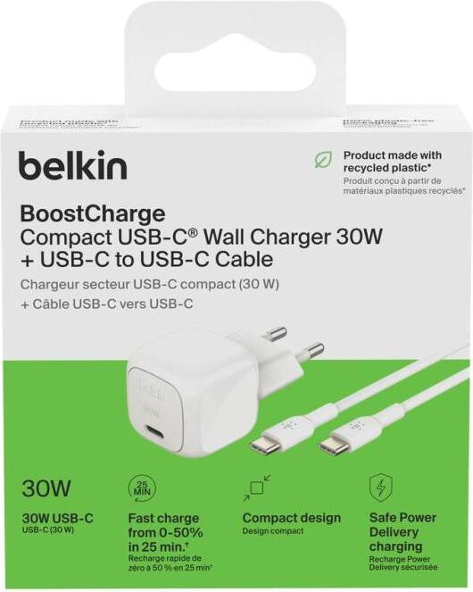 Мережевий зарядний пристрій Belkin BoostCharge Compact USB-C Wall Charger 30W + USB-C 1м White (WCA008KQ1MWH-B6)