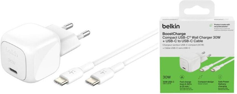 Мережевий зарядний пристрій Belkin BoostCharge Compact USB-C Wall Charger 30W + USB-C 1м White (WCA008KQ1MWH-B6)