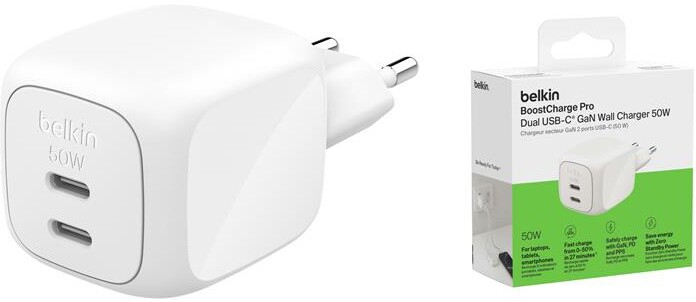 Сетевое зарядное устройство Belkin BoostCharge Pro Dual USB-C GaN Wall Charger 50W White (WCH019KQWH)