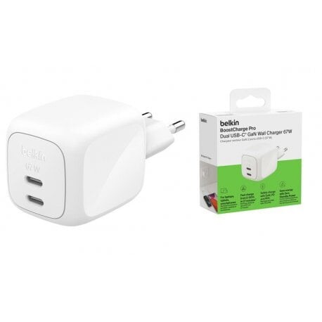 Мережевий зарядний пристрій Belkin BoostCharge Pro New Dual USB-C GaN Wall Charger 67W White (WCH020KQWH)