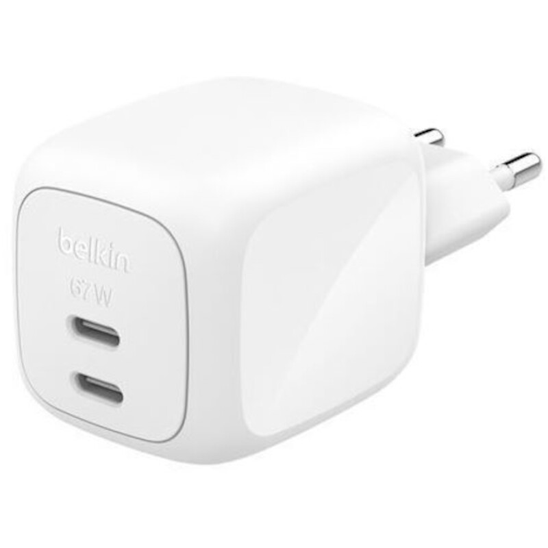 Мережевий зарядний пристрій Belkin BoostCharge Pro New Dual USB-C GaN Wall Charger 67W White (WCH020KQWH)