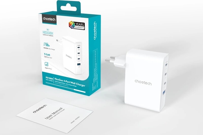 Мережевий зарядний пристрій Choetech GaN PD100W 4Ports White (PD9002)