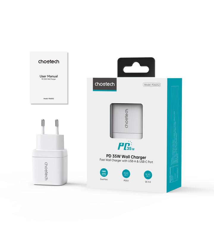 Сетевое зарядное устройство Choetech (USB-C+USB-A) White (PD6052-EU-WH)
