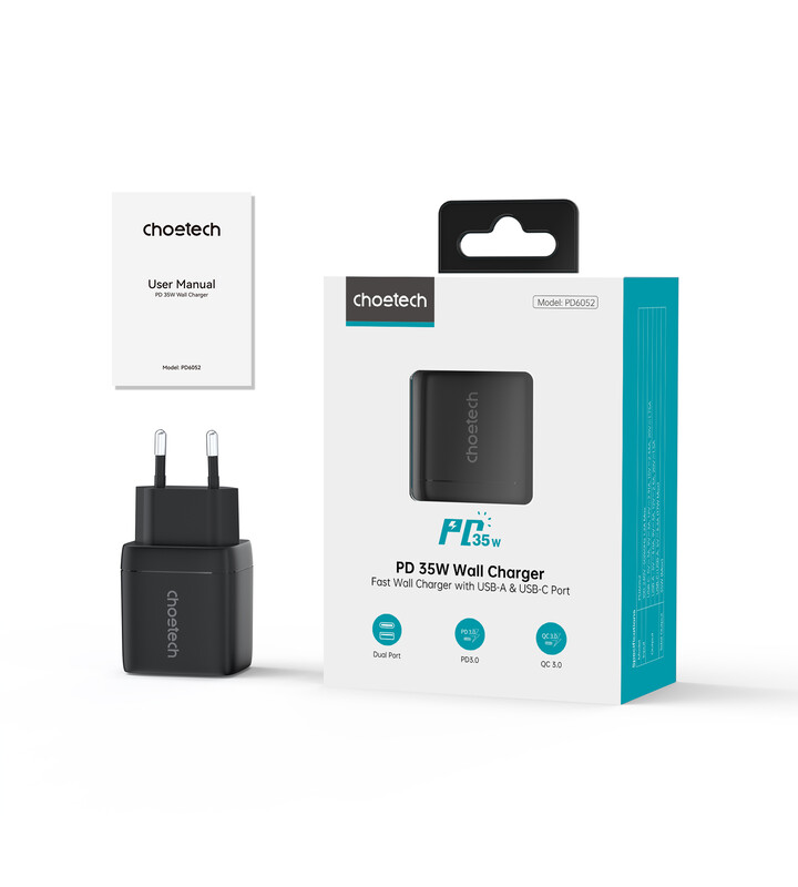 Мережевий зарядний пристрій Choetech (USB-C+USB-A) Black (PD6052-EU-BK)