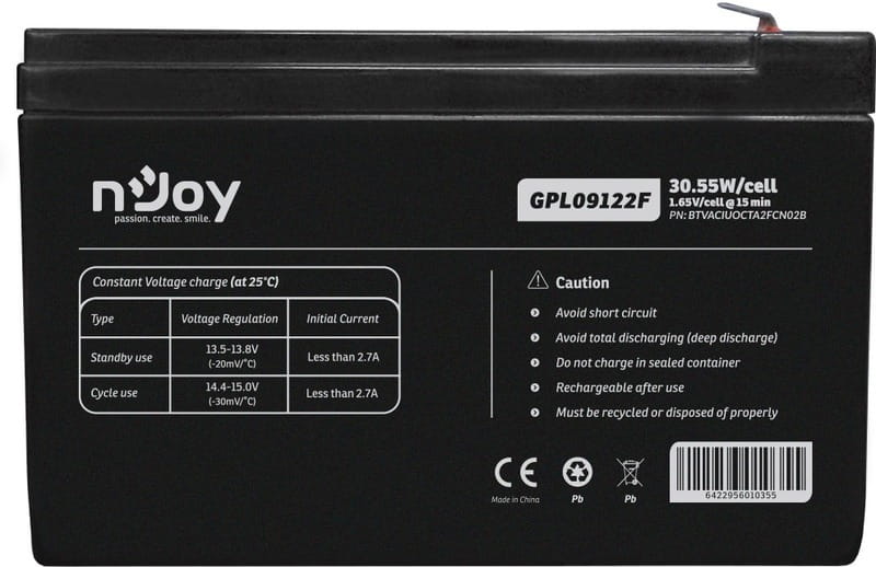 Акумуляторна батарея Njoy GPL09122F 12V 9AH (BTVACIUOCTA2FCN02B) AGM