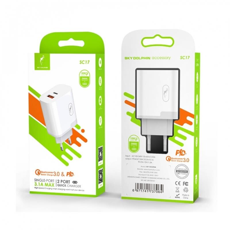 Зарядний пристрій SkyDolphin SC17 PD+QC3.0 (2USB, 3A) White (MZP-000110)_бн