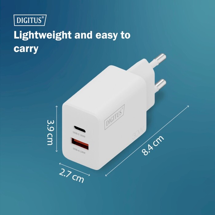 Мережевий зарядний пристрій Digitus (1USB-C, 3A, 1USB-A, 3A) 30W White (DA-10301)