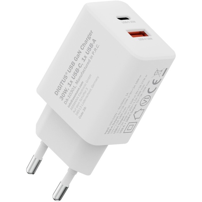 Мережевий зарядний пристрій Digitus (1USB-C, 3A, 1USB-A, 3A) 30W White (DA-10301)