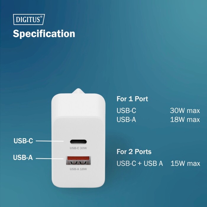 Мережевий зарядний пристрій Digitus (1USB-C, 3A, 1USB-A, 3A) 30W White (DA-10301)