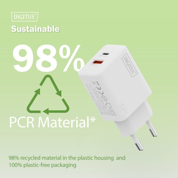 Мережевий зарядний пристрій Digitus (1USB-C, 3A, 1USB-A, 3A) 30W White (DA-10301)