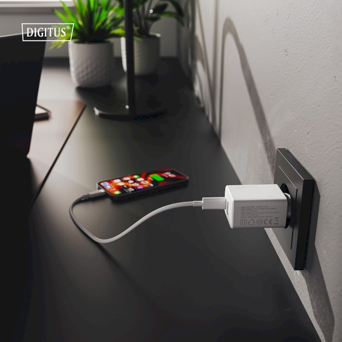Мережевий зарядний пристрій Digitus (1USB-C, 3A, 1USB-A, 3A) 30W White (DA-10301)