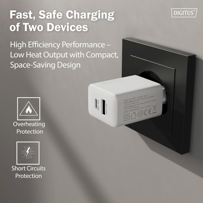 Мережевий зарядний пристрій Digitus (1USB-C, 3A, 1USB-A, 3A) 30W White (DA-10301)