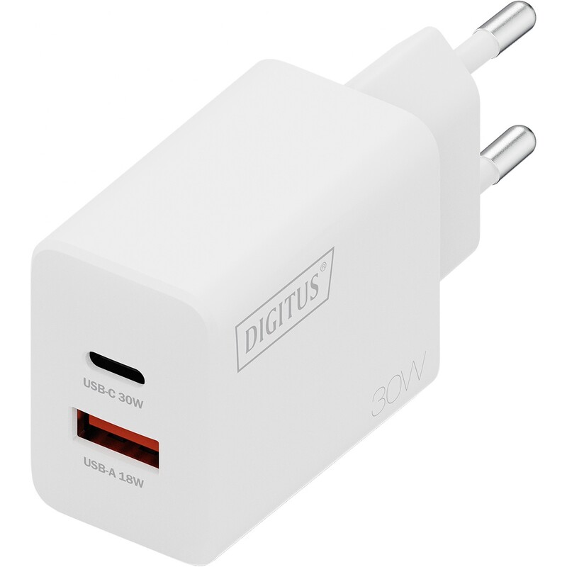 Мережевий зарядний пристрій Digitus (1USB-C, 3A, 1USB-A, 3A) 30W White (DA-10301)