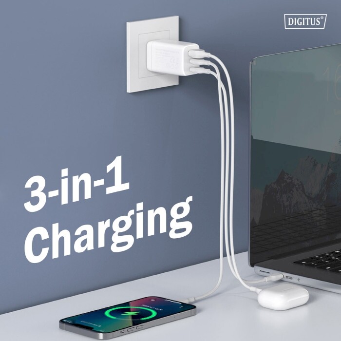 Мережевий зарядний пристрій Digitus (2USB-C, 3A, 1USB-A, 3A) 67W White (DA-10303)