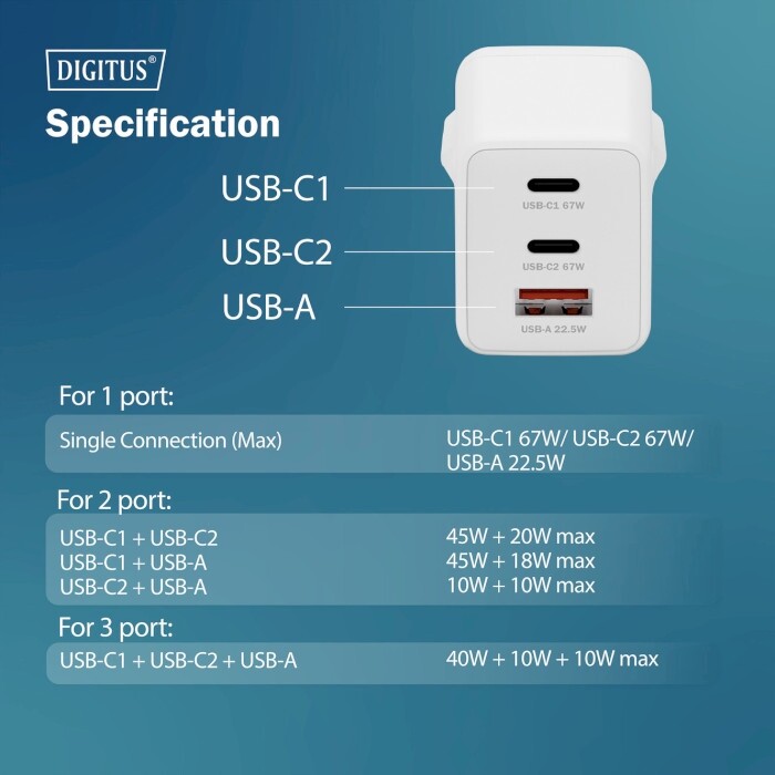 Мережевий зарядний пристрій Digitus (2USB-C, 3A, 1USB-A, 3A) 67W White (DA-10303)