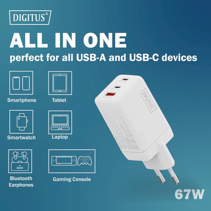 Мережевий зарядний пристрій Digitus (2USB-C, 3A, 1USB-A, 3A) 67W White (DA-10303)