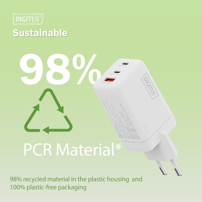 Мережевий зарядний пристрій Digitus (2USB-C, 3A, 1USB-A, 3A) 67W White (DA-10303)