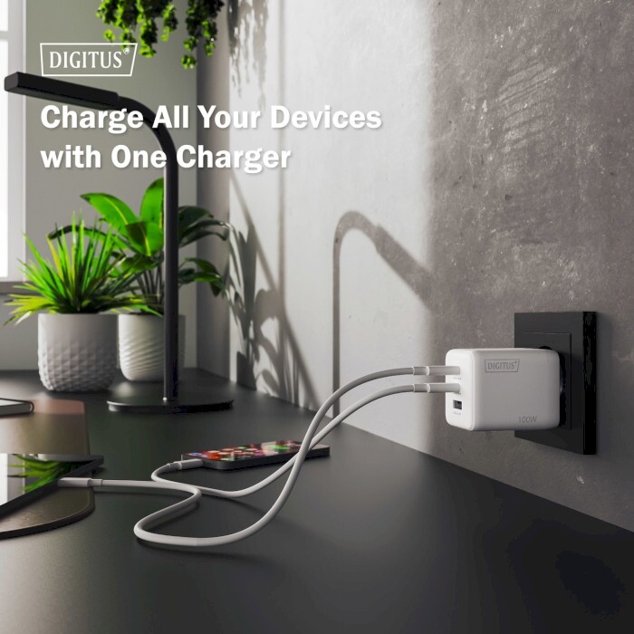 Мережевий зарядний пристрій Digitus (2USB-C, 3A, 1USB-A, 3A) 100W White (DA-10304)