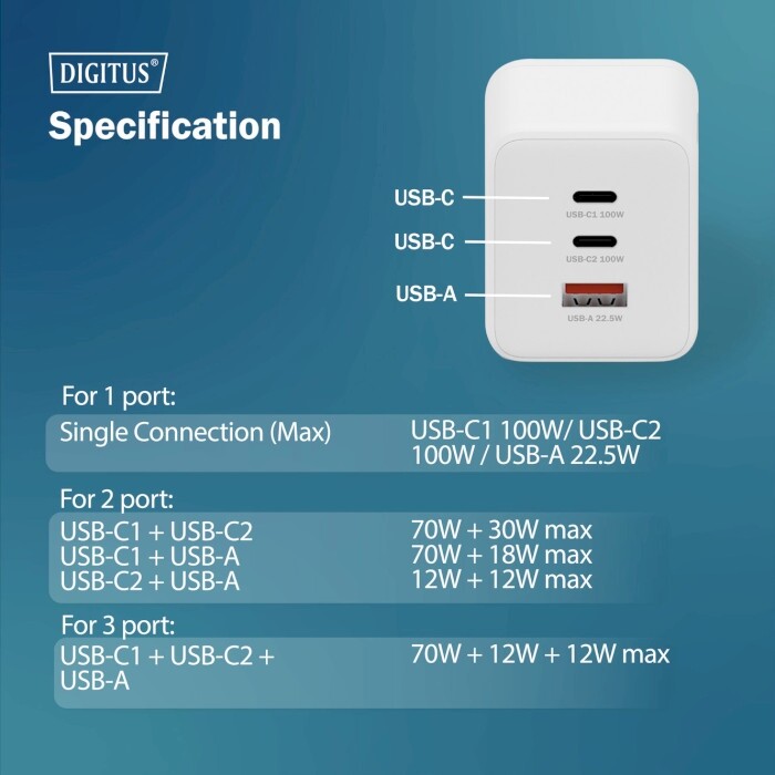 Мережевий зарядний пристрій Digitus (2USB-C, 3A, 1USB-A, 3A) 100W White (DA-10304)