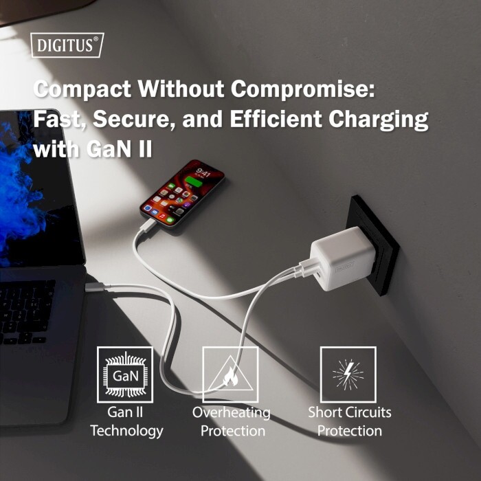 Мережевий зарядний пристрій Digitus (2USB-C, 3A, 1USB-A, 3A) 100W White (DA-10304)