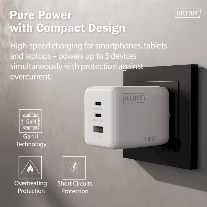 Мережевий зарядний пристрій Digitus (2USB-C, 3A, 1USB-A, 3A) 100W White (DA-10304)