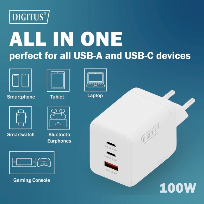 Мережевий зарядний пристрій Digitus (2USB-C, 3A, 1USB-A, 3A) 100W White (DA-10304)