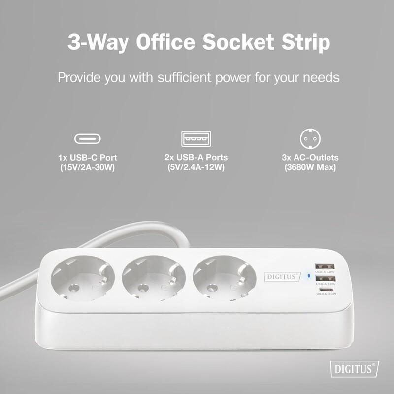 Фильтр питания Digitus DA-70626 3 розетки, 2 USB, USB-C, 1.5 м, White
