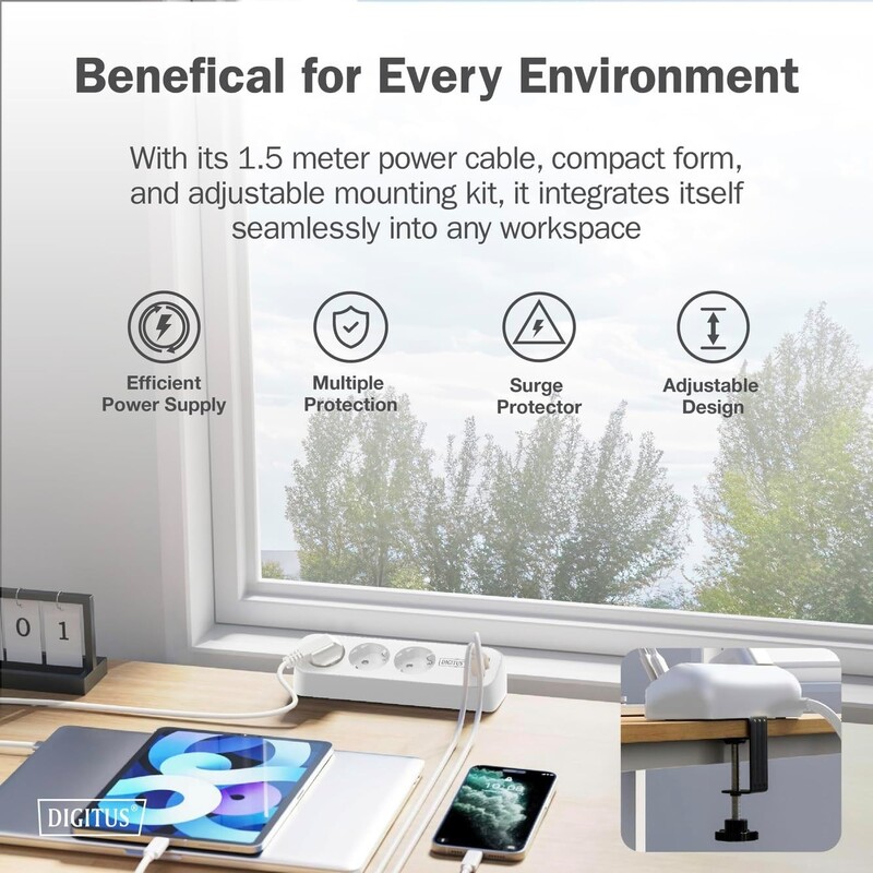 Фильтр питания Digitus DA-70626 3 розетки, 2 USB, USB-C, 1.5 м, White