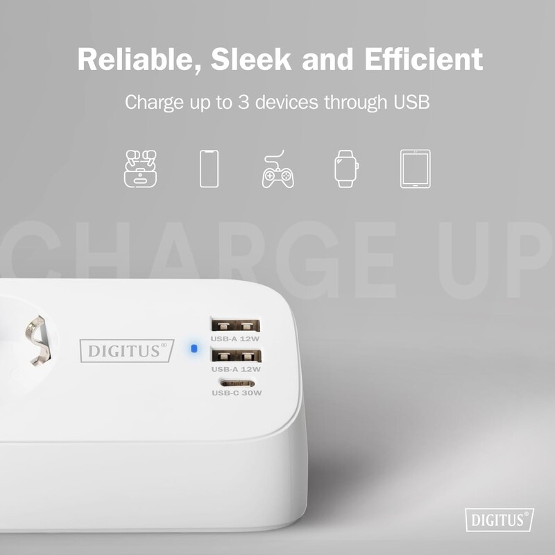 Фильтр питания Digitus DA-70626 3 розетки, 2 USB, USB-C, 1.5 м, White