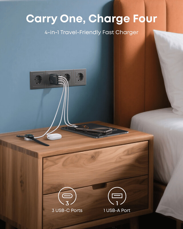 Мережевий зарядний пристрій Anker Charger 70W, 3xUSB-C, 1xUSB-A, Black (A121CG11)