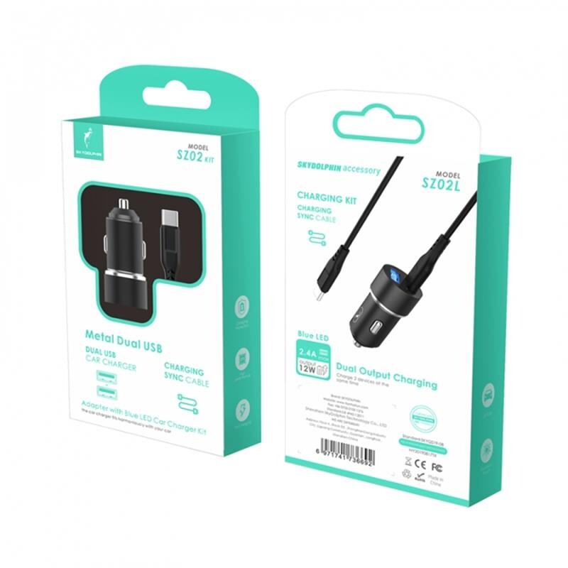 Автомобільний зарядний пристрій SkyDolphin SZ02L Aluminium (2USB, 2.4A) Black (AZP-000071) + кабель Lightning_бн