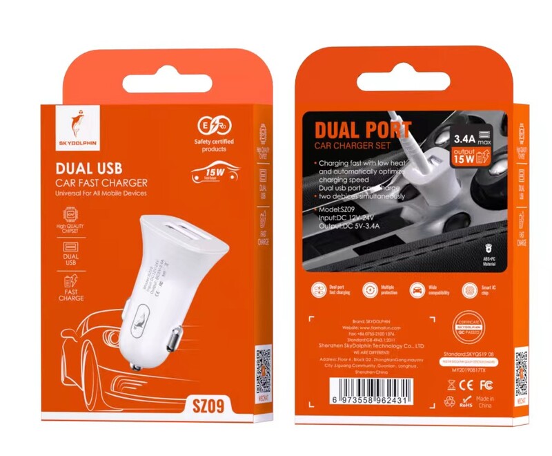 Автомобільний зарядний пристрій SkyDolphin SZ09 (2USB, 3.4A) White (AZP-000106)_бн