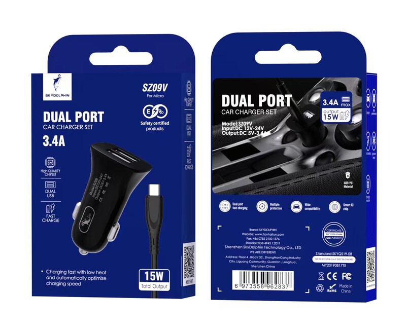 Автомобільний зарядний пристрій SkyDolphin SZ09V (2USB, 3.4A) Black (AZP-000111) + кабель microUSB_бн