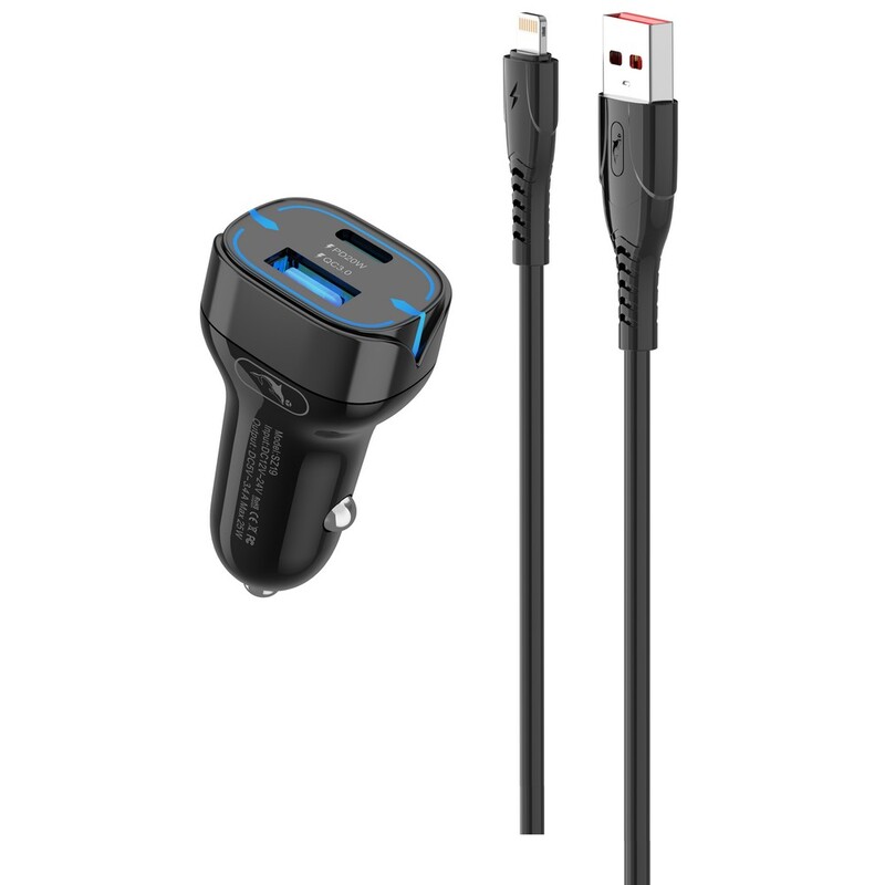 Автомобільний зарядний пристрій SkyDolphin SZ19L PD 20W + QC3.0 20W Black (AZP-000103) + кабель Lightning_бн