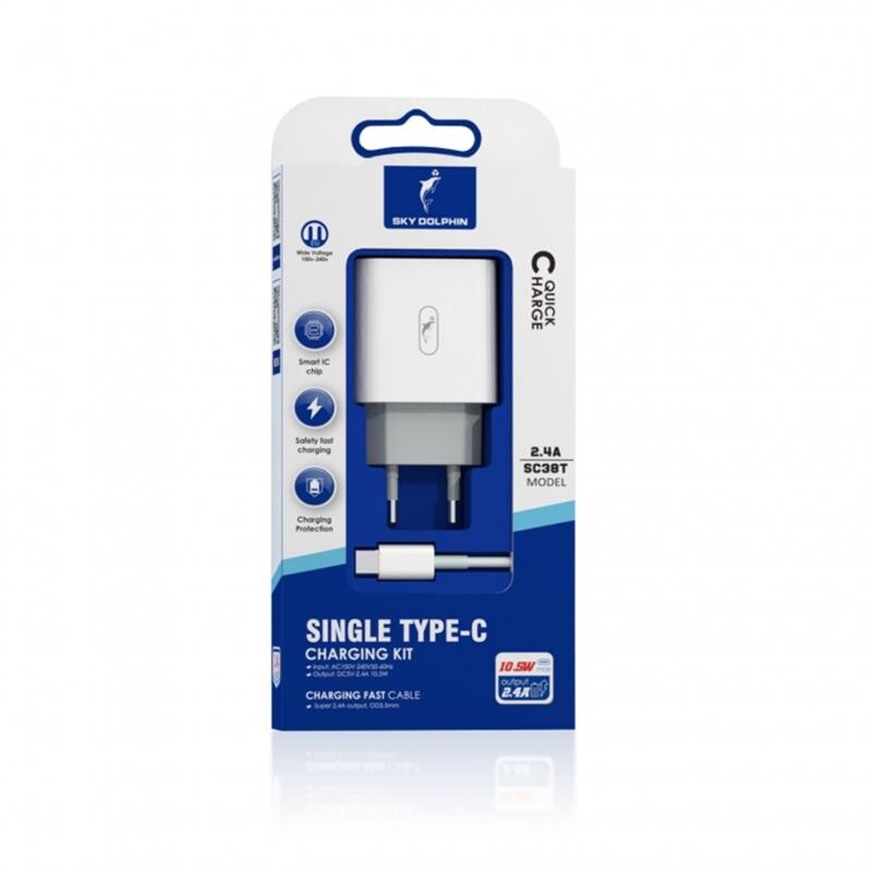 Мережевий зарядний пристрій SkyDolphin SC38T (1USBx2.4A) White (MZP-000183) + кабель USB Type-C_бн
