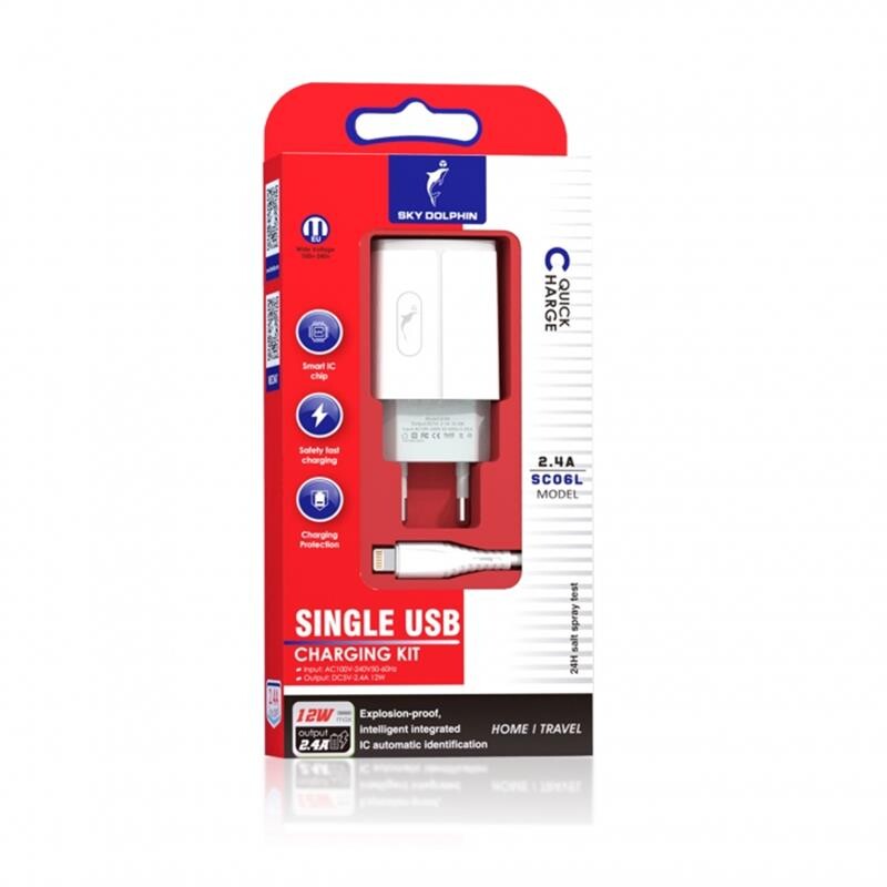 Мережевий зарядний пристрій SkyDolphin SC06L (1USBx2.4A) White (MZP-000178) + кабель Lightning_бн