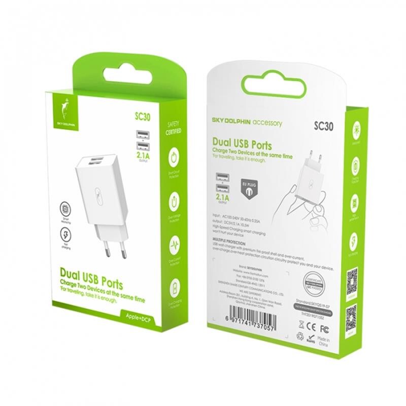 Зарядное устройство SkyDolphin SC30 (2USB, 2.1A) White (MZP-000111)_бн